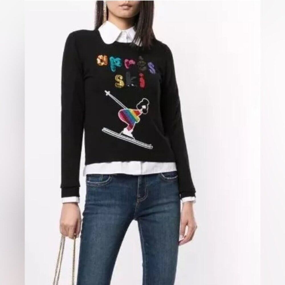 Alice and Olivia Connie Embellished Black Sweater Sequin Apres Ski Small